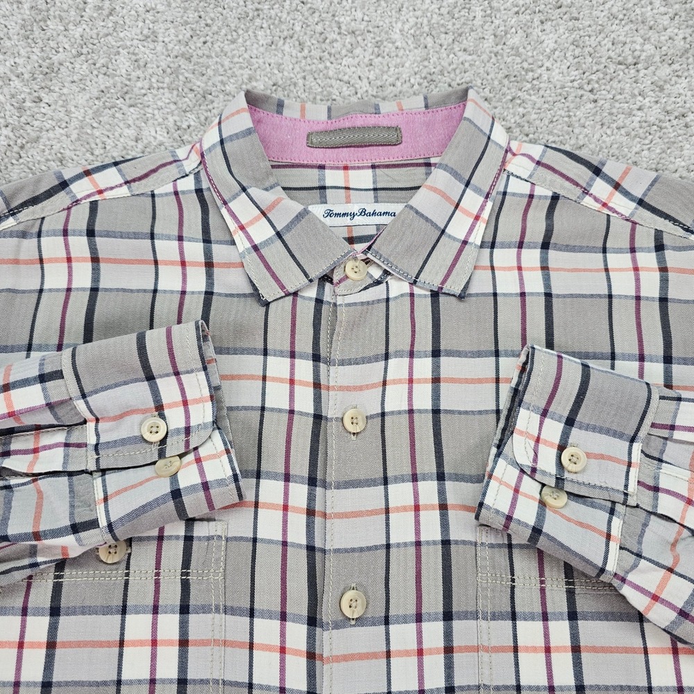 Tommy Bahama Harbor Herringbone‎ Mens Large Plaid Button Down Shirt Size Large